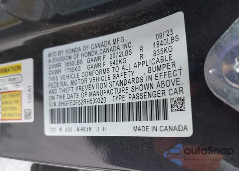 2024 Honda Civic Sport z USA, uszkodzony, nr VIN 002HGFE2F52RH5093